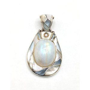 Ed Lohman Sterling Silver Rainbow Moonstone Mother Of Pearl MOP Inlay Pendant